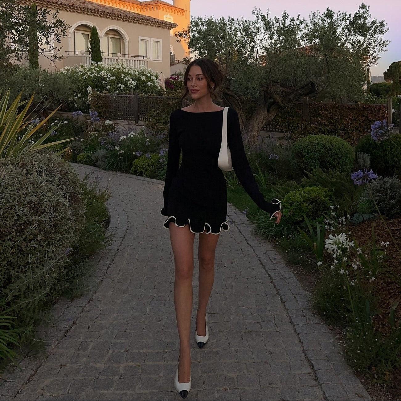 Elegance In Time Ruffled Knitted Mini Dress - Black / S - Mermaid Way