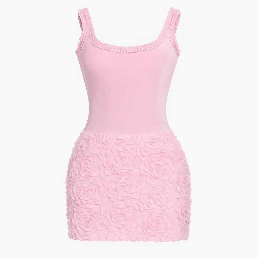 Textured pink mini dress with floral detail, ideal for party outfits