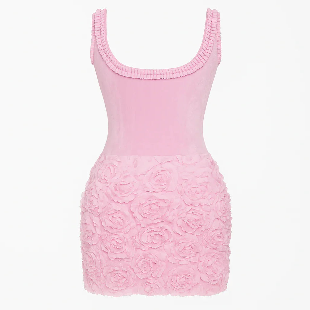 Pink floral textured mini dress, party outfit.
