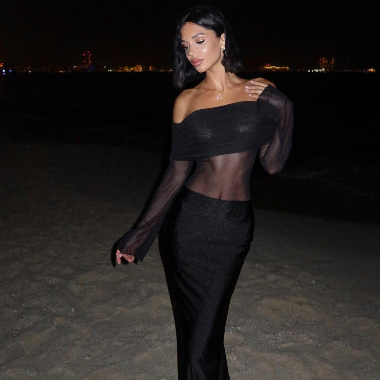 Elise Mesh Off Shoulder Maxi Dress in Black