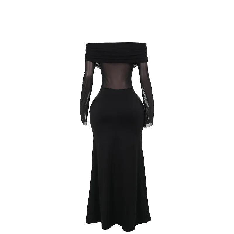 Off-shoulder mesh and jersey maxi dress, evening and formal look