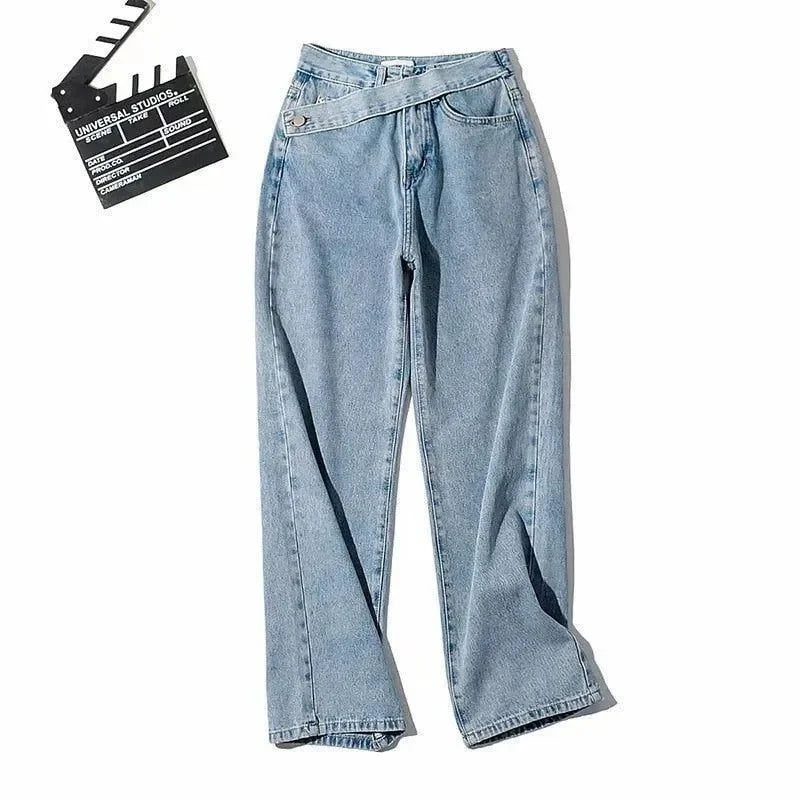 high-waisted wide-leg jeans with asymmetrical belt detail