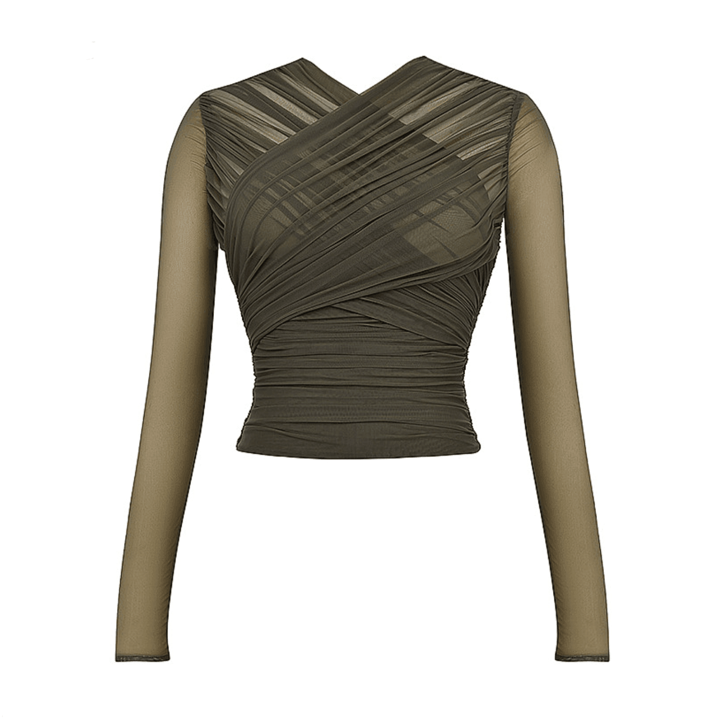 Sheer long-sleeve mesh top with ruched detailing, elegant evening style