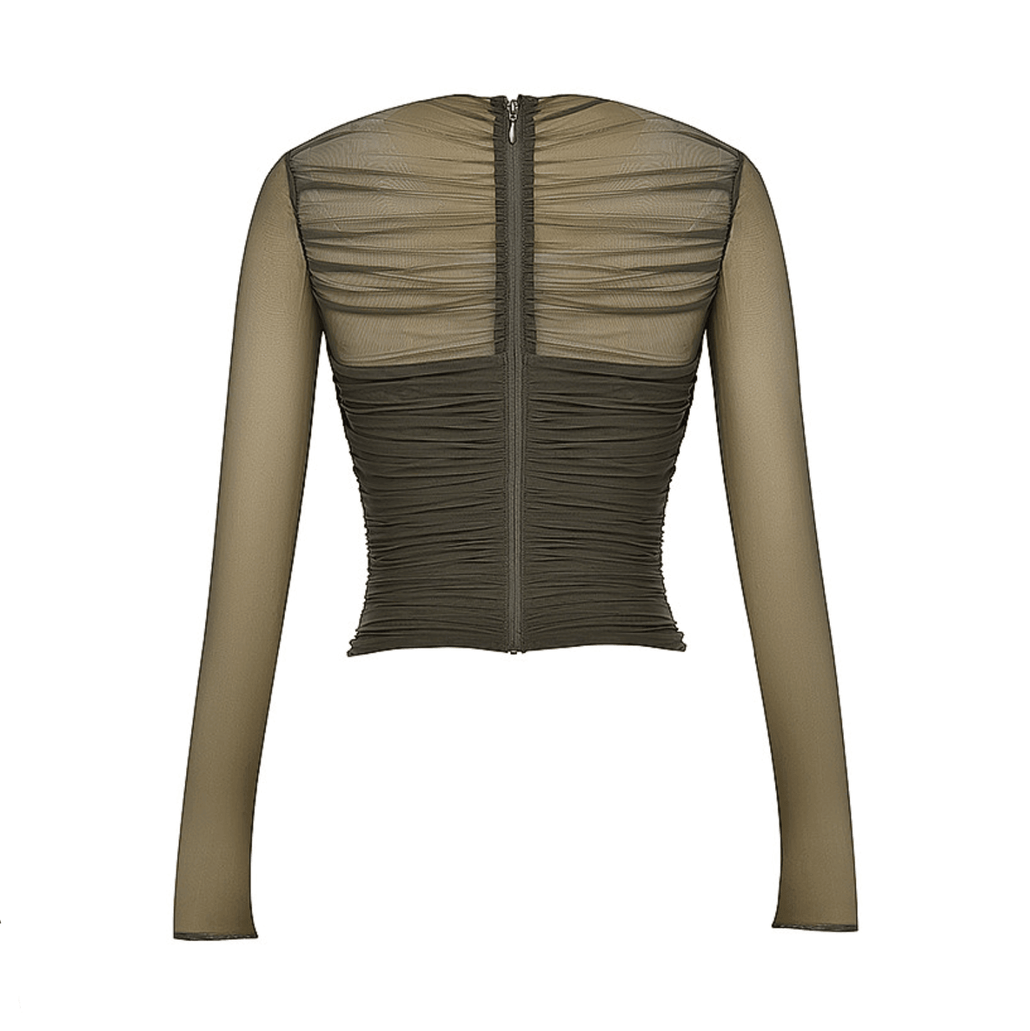 Ruched mesh long-sleeve top with back zipper, chic evening style.
