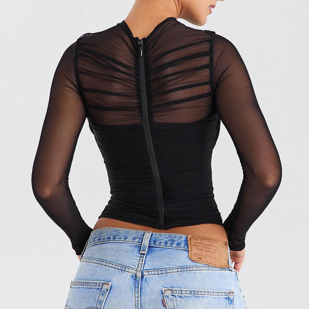 Black mesh ruched top with long sleeves.