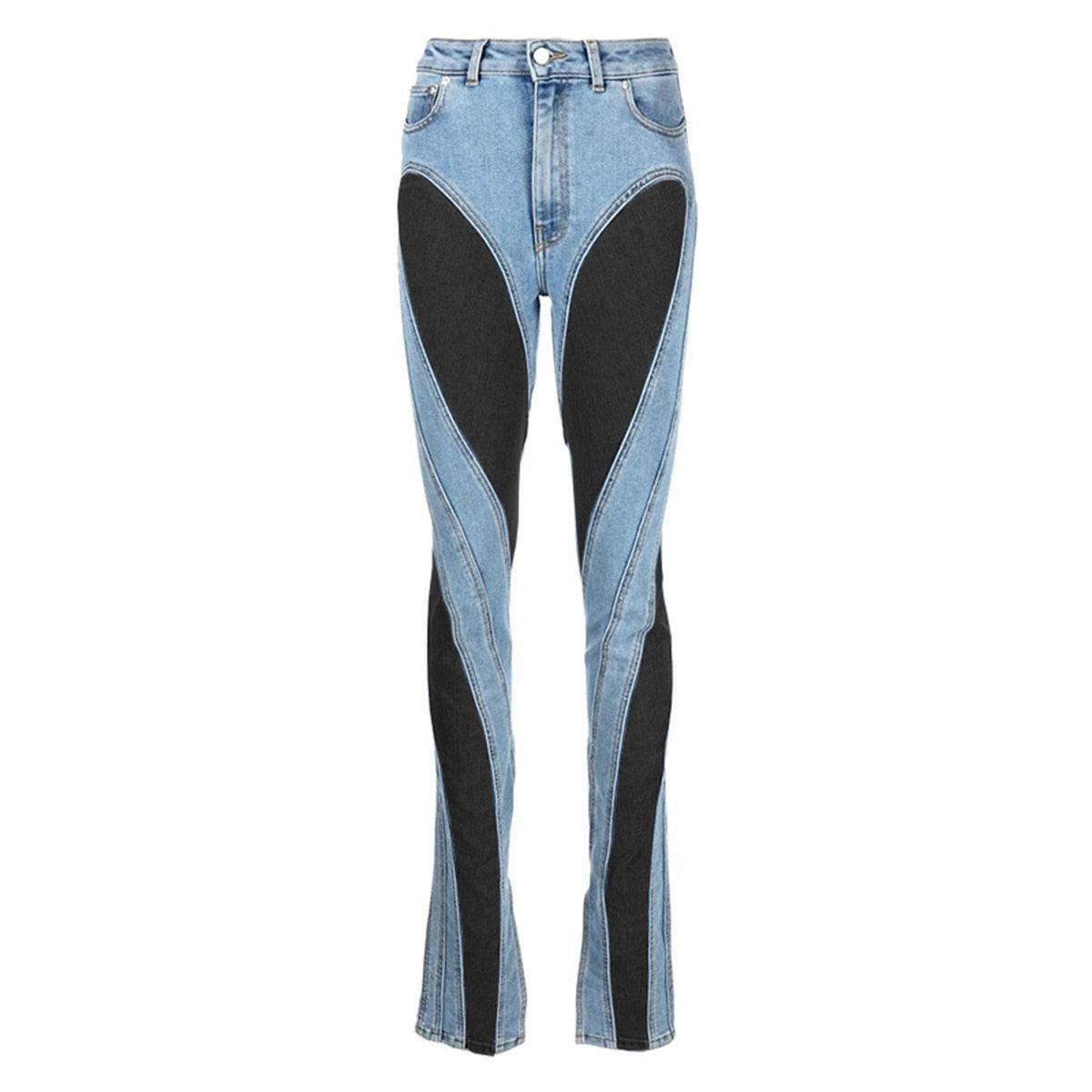 Two-tone denim jeans with curved panel design, casual and trendy wear