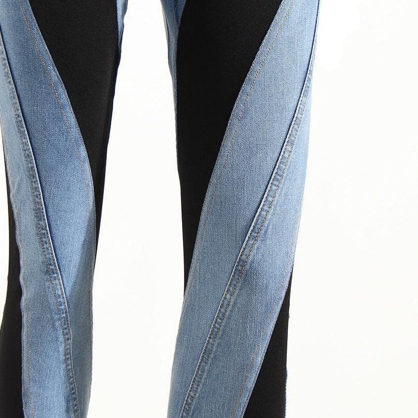 Colorblock denim and black leggings, casual and stylish wear.