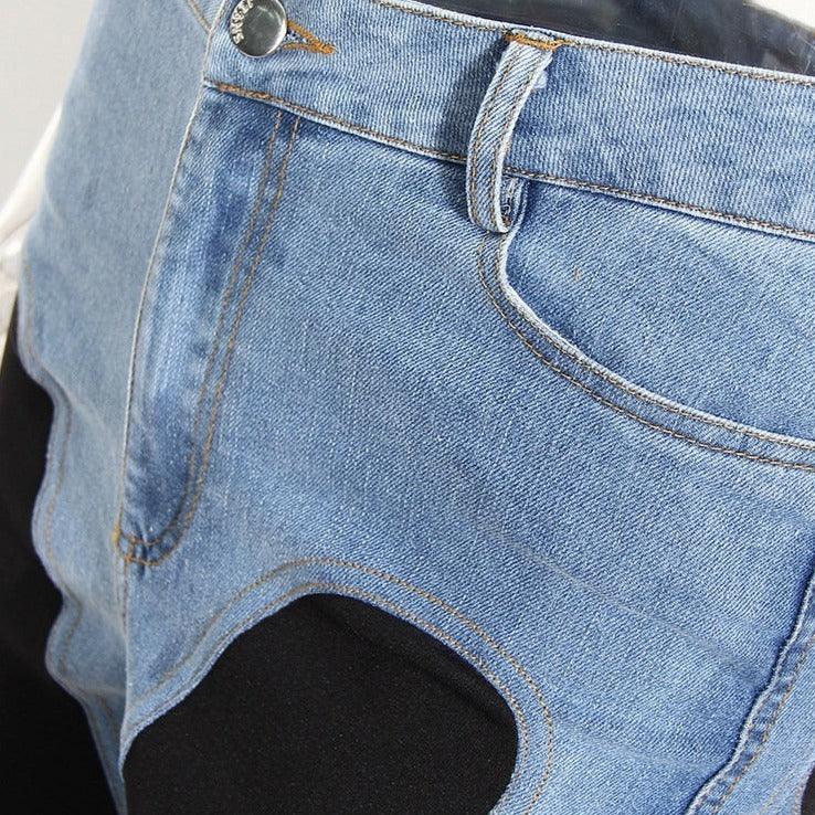 denim and black patchwork jeans