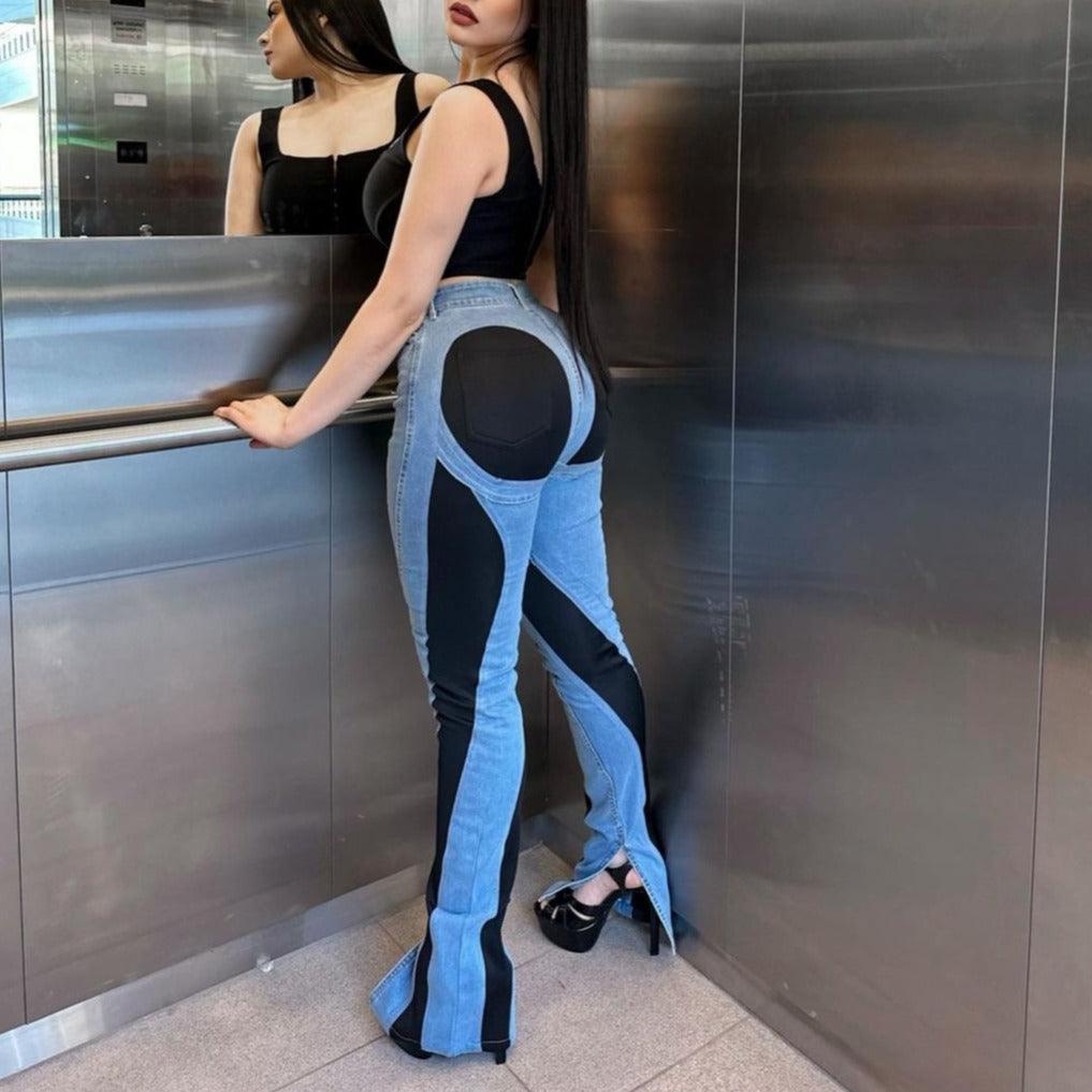 color-block high-waisted jeans with flared legs