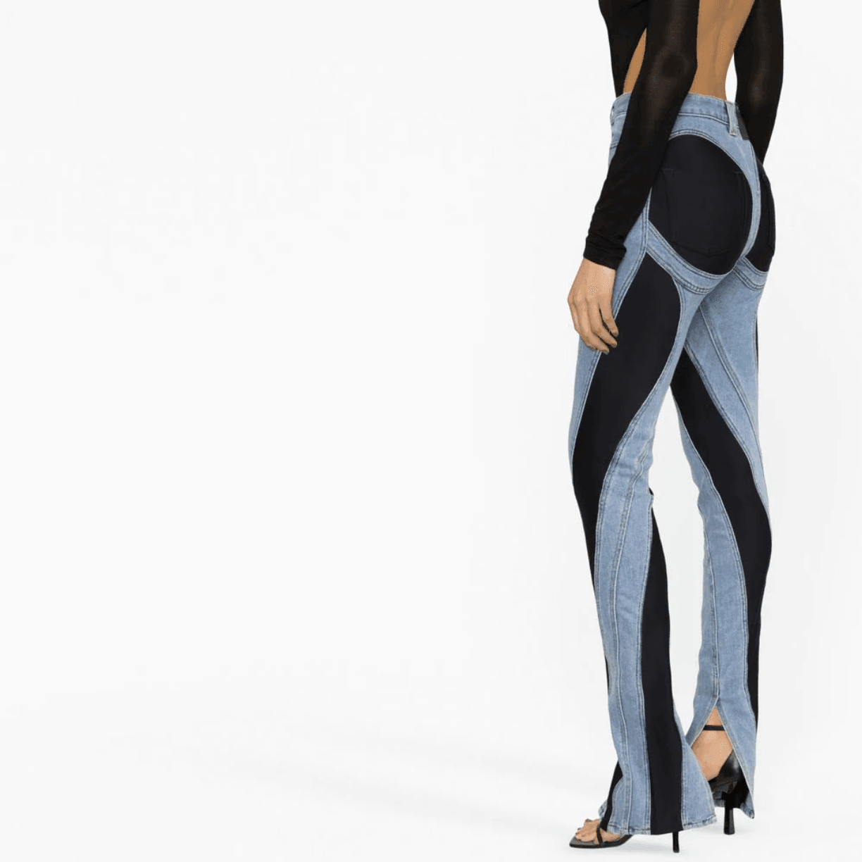 Dark wash panel denim trousers with split hem, chic day-to-night style