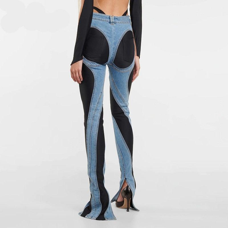 Two-tone denim and black pants with backless top, edgy night-out style
