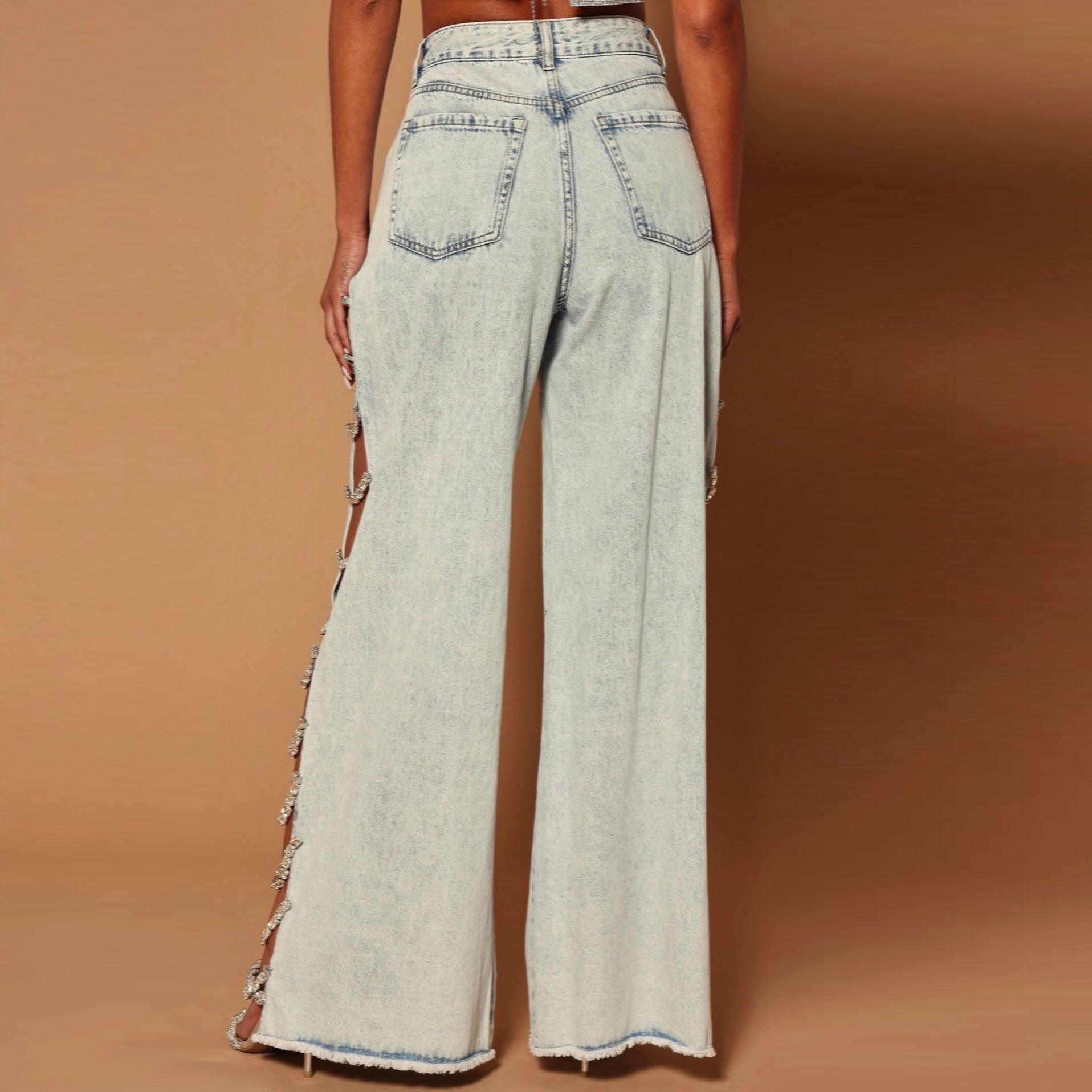 Side-lace-up wide-leg jeans, casual statement piece