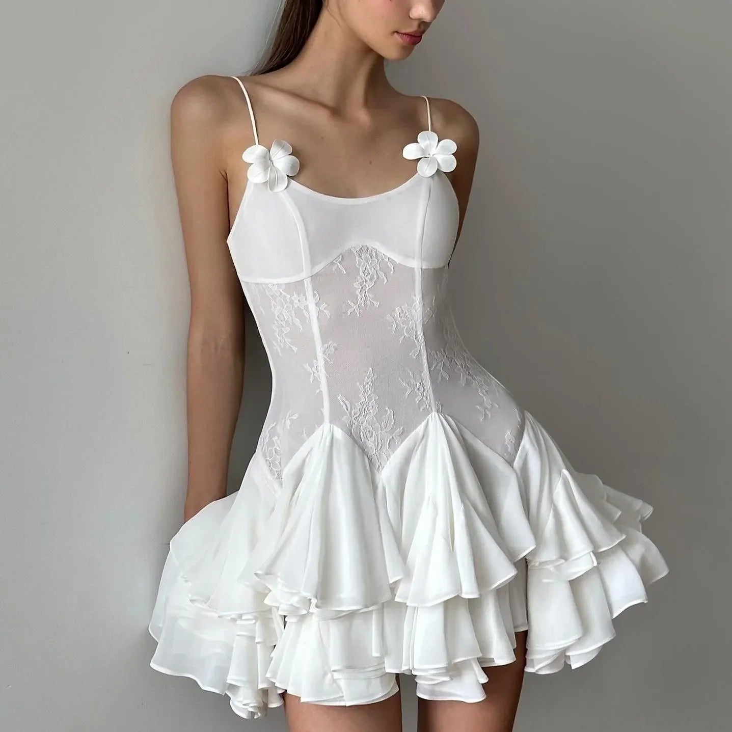 lace mini dress with floral straps and tiered skirt, evening look