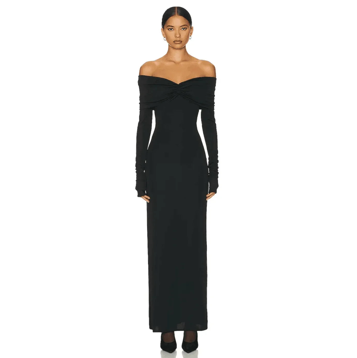 Black off-shoulder maxi dress featuring long fitted sleeves and ruched bodice, perfect for evening events or formal...
