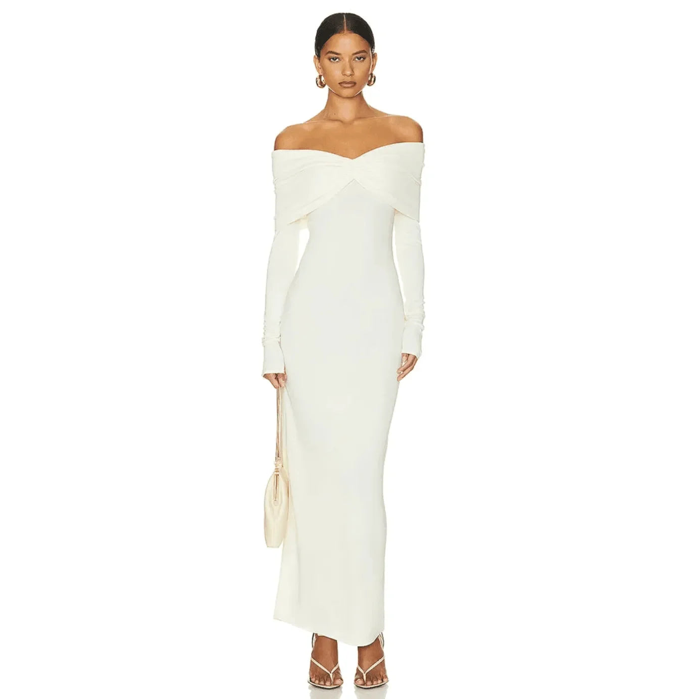 Off-shoulder long-sleeve gown, elegant evening look