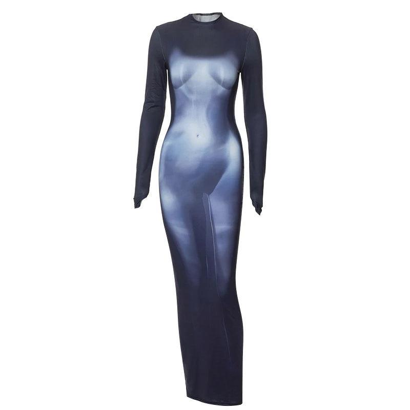 Sheer mesh long-sleeve bodycon maxi dress with artistic print, bold evening look.