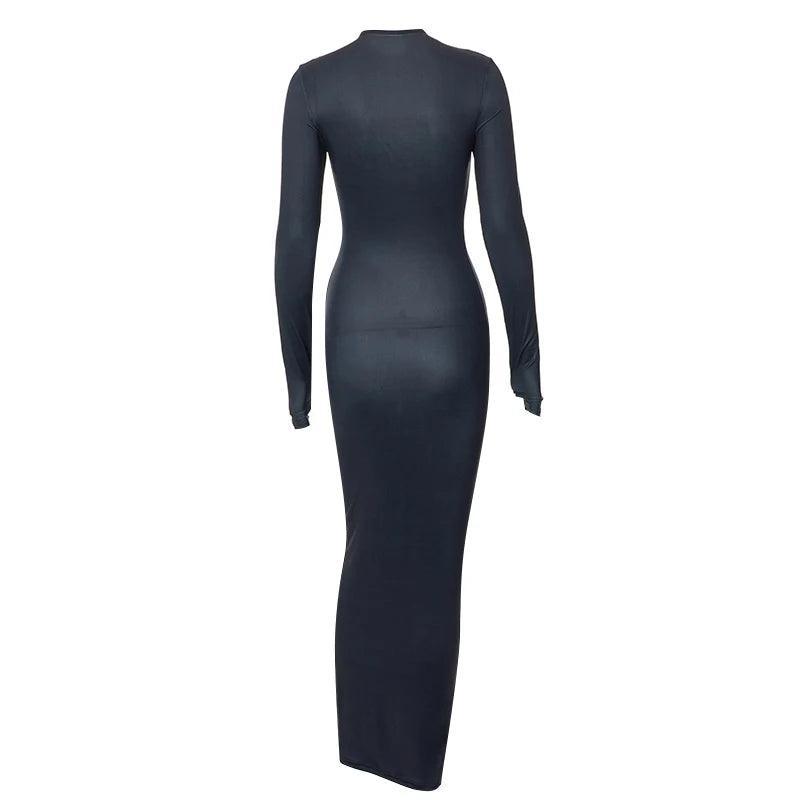 Long-sleeve bodycon maxi dress in black, elegant evening wear