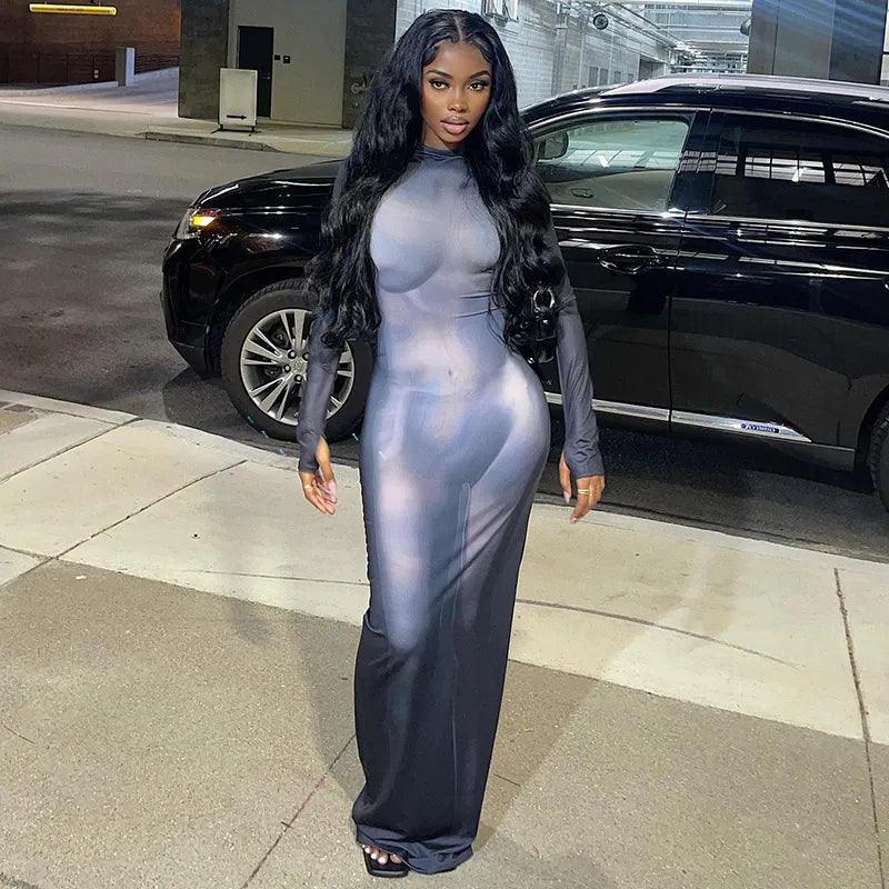 Sheer bodycon long-sleeve dress, evening and night-out style