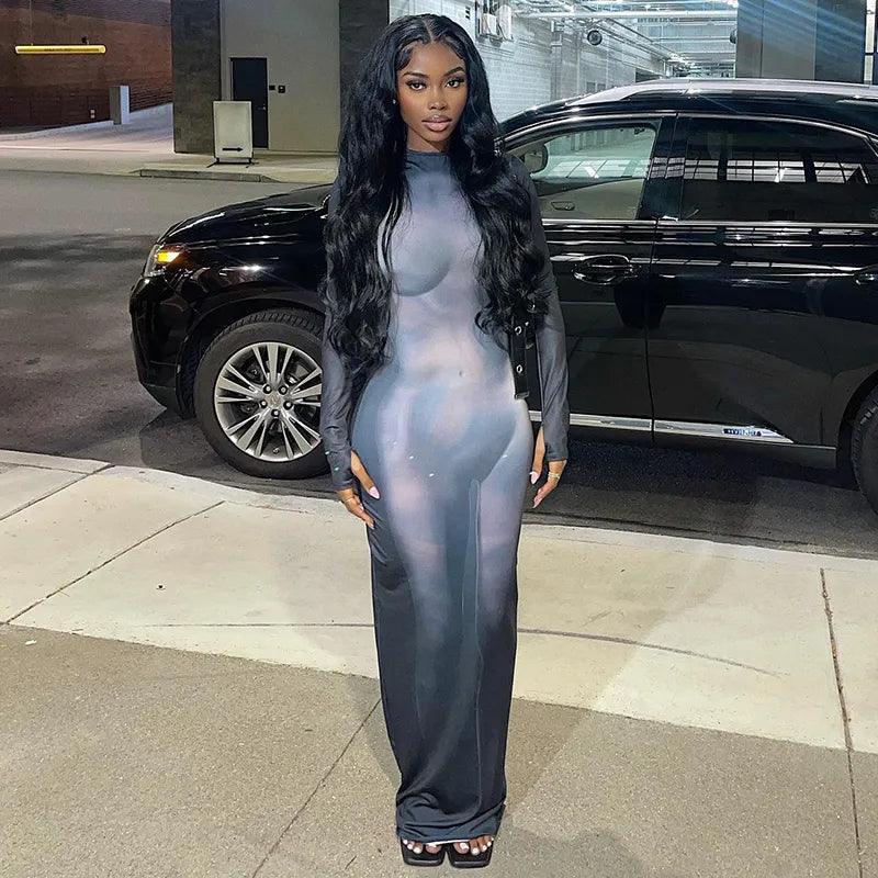 Sheer mesh long-sleeve maxi dress, evening and night-out style
