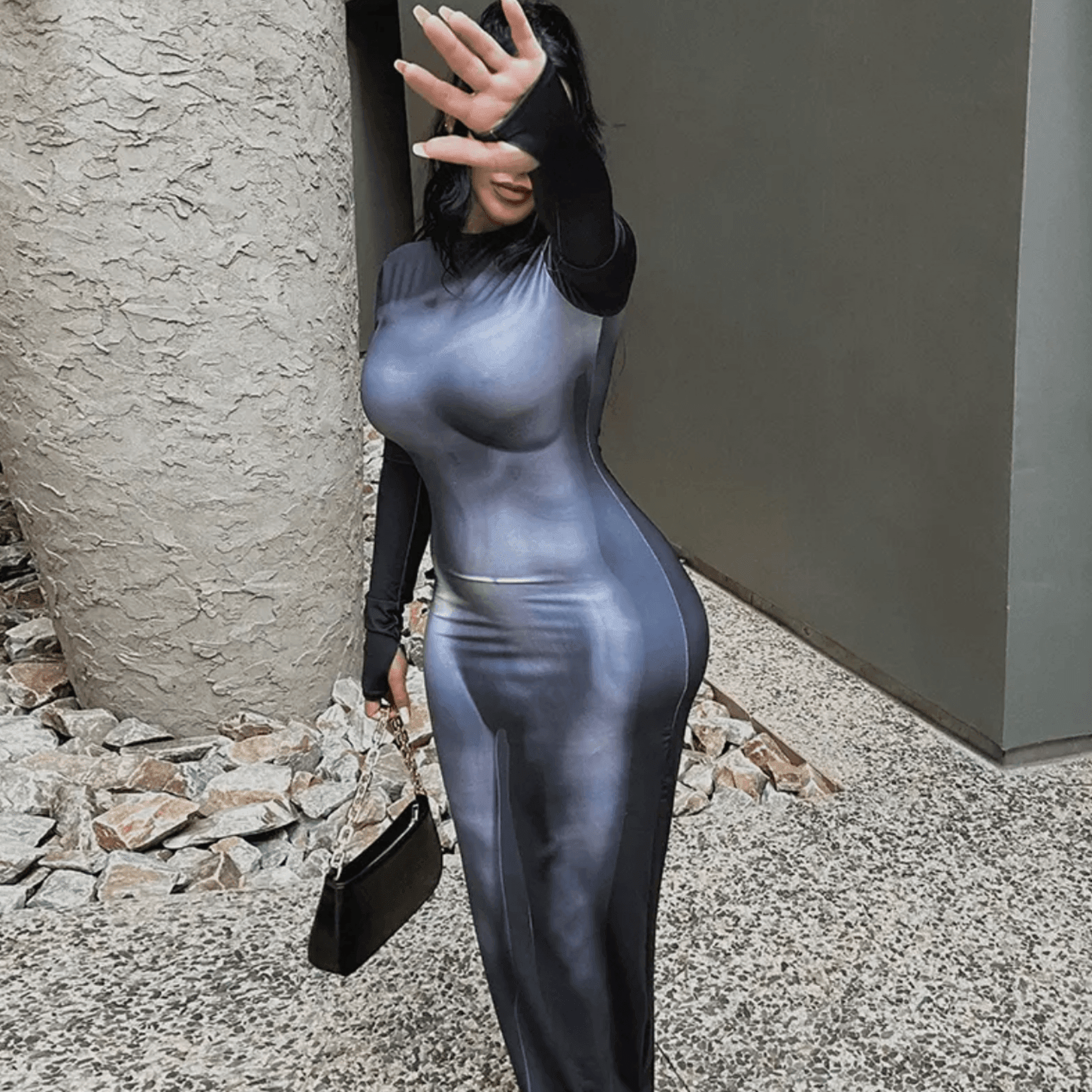 Long-sleeve satin bodycon maxi dress, evening and night-out style