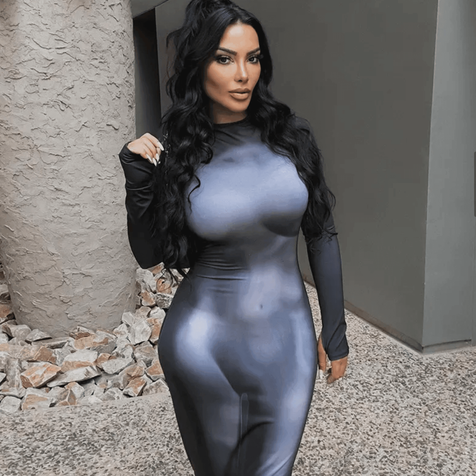Long-sleeve satin bodycon dress, sleek evening outfit