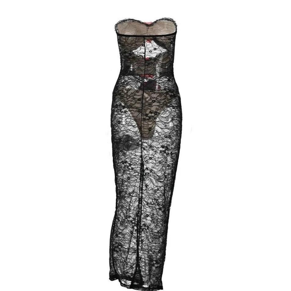 Strapless lace maxi dress with sheer detailing, elegant evening look.