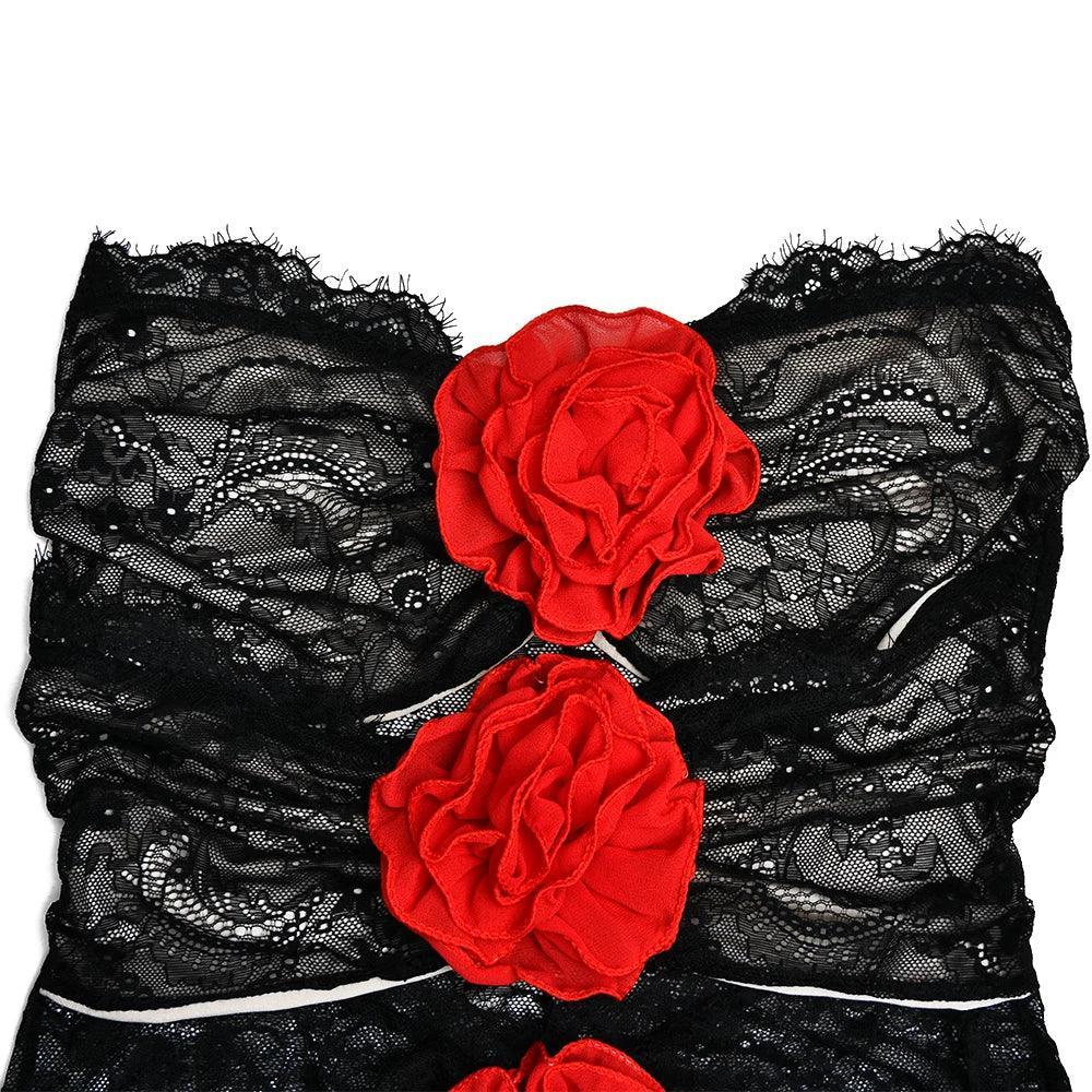 Black lace corset top with red floral accents, elegant eveningwear piece