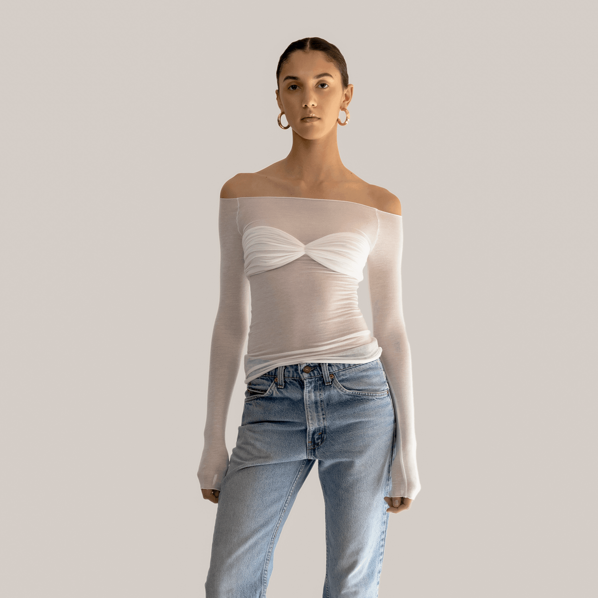 Off-the-shoulder sheer white mesh top, casual chic style