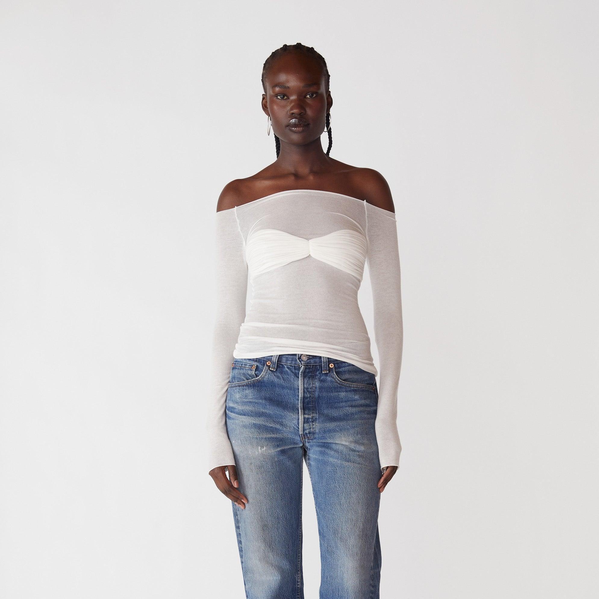 Off-the-shoulder sheer mesh top with ruched bust detail, casual chic style