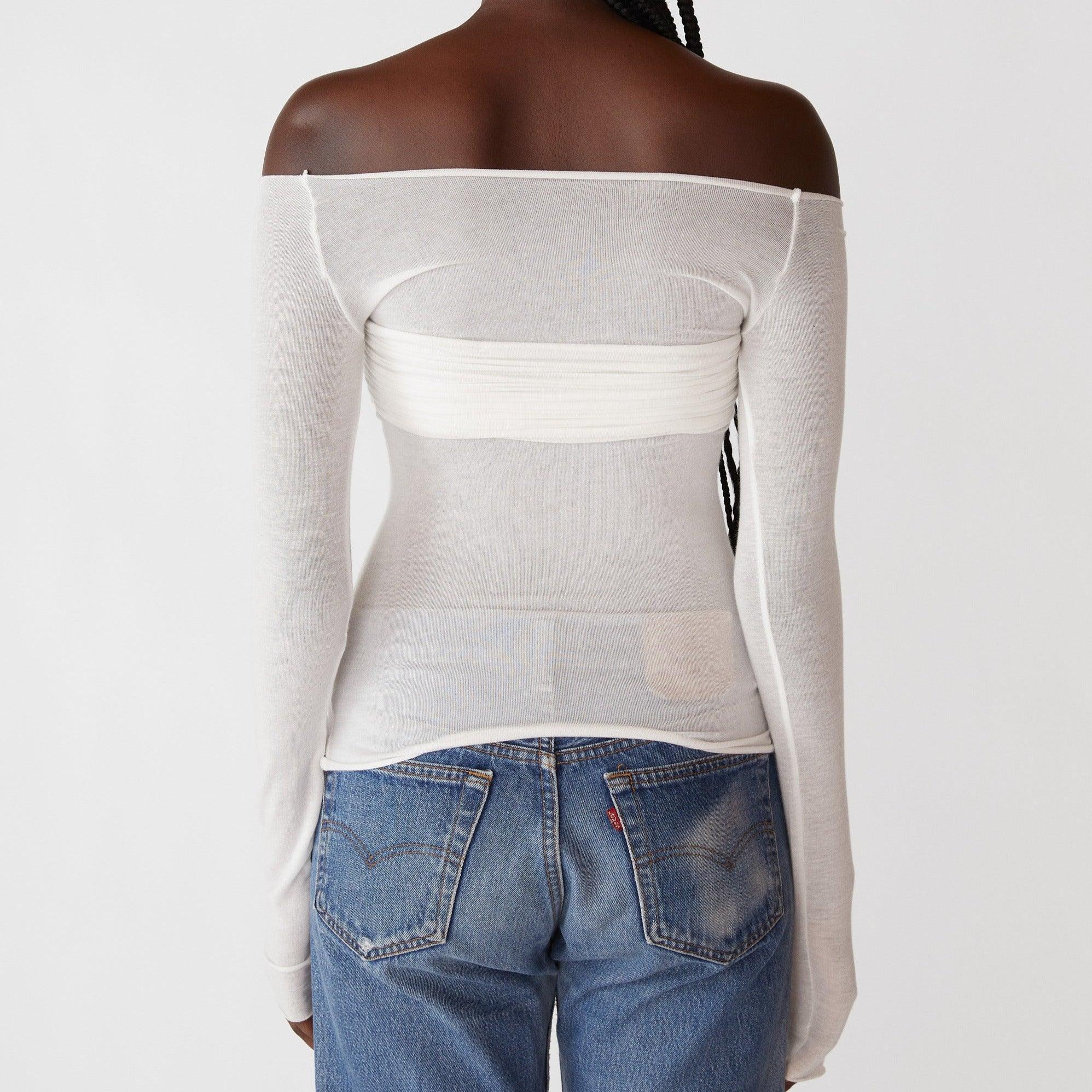 Off-the-shoulder sheer mesh long-sleeve top, casual chic style