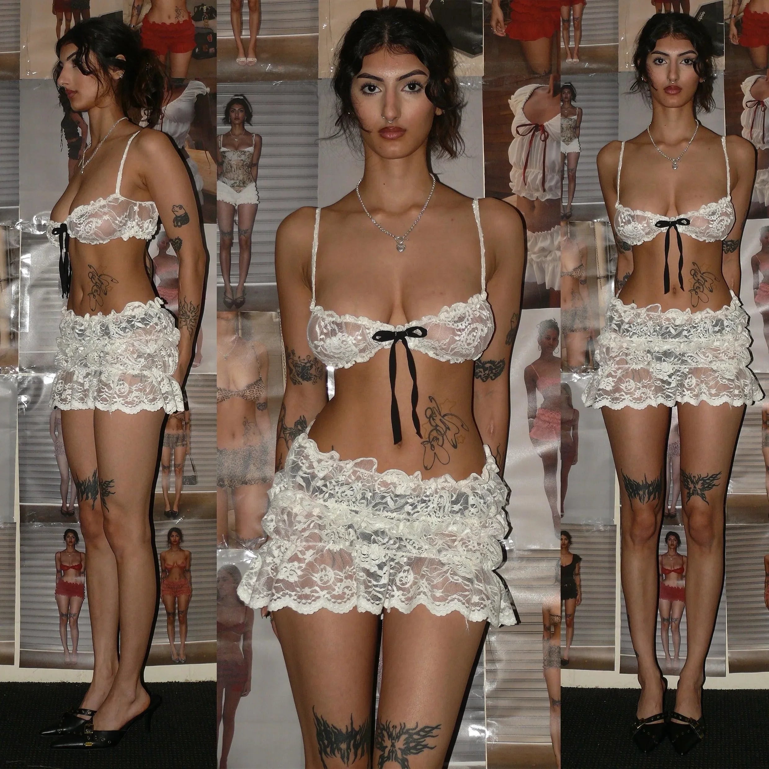 Lace lingerie set with floral detailing and bow accents, intimate wear.