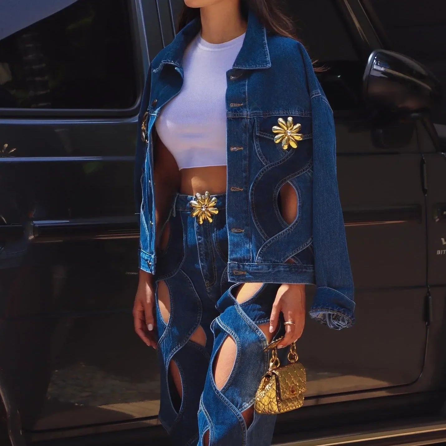 denim jacket and jeans with cutout designs, casual chic outfit