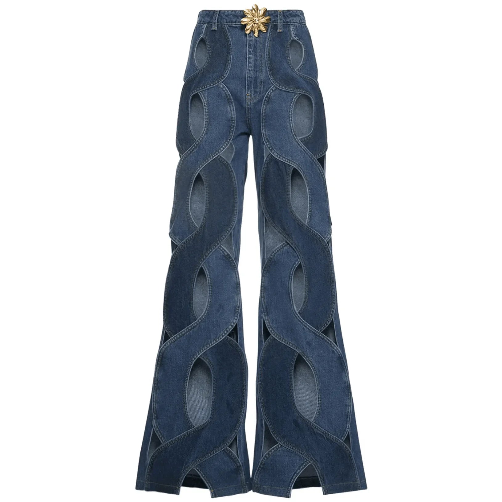Denim jeans with intricate cut-out pattern and embellished waist detail, statement fashion piece.