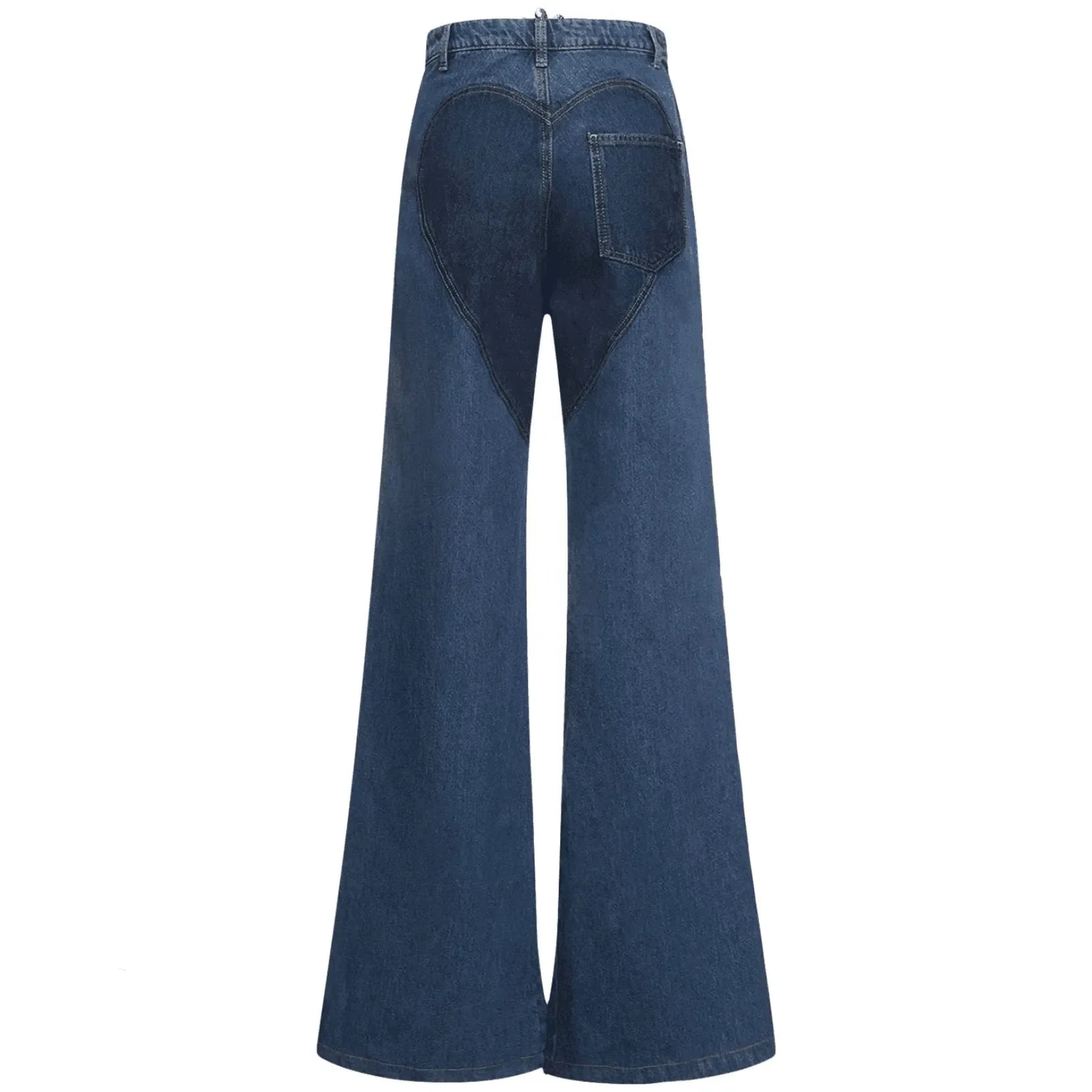 Wide-leg jeans with heart-shaped back detail, casual daytime wear