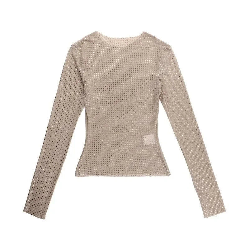 Sheer rhinestone-embellished mesh long-sleeve top, glamorous party wear.