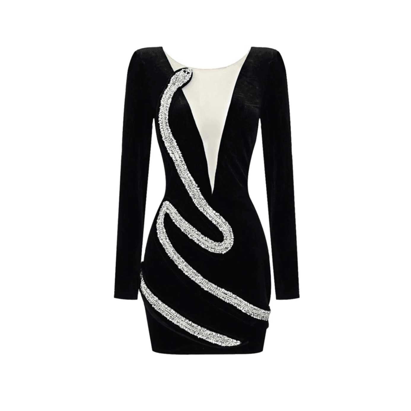 Black velvet mini dress with rhinestone snake design, elegant evening wear