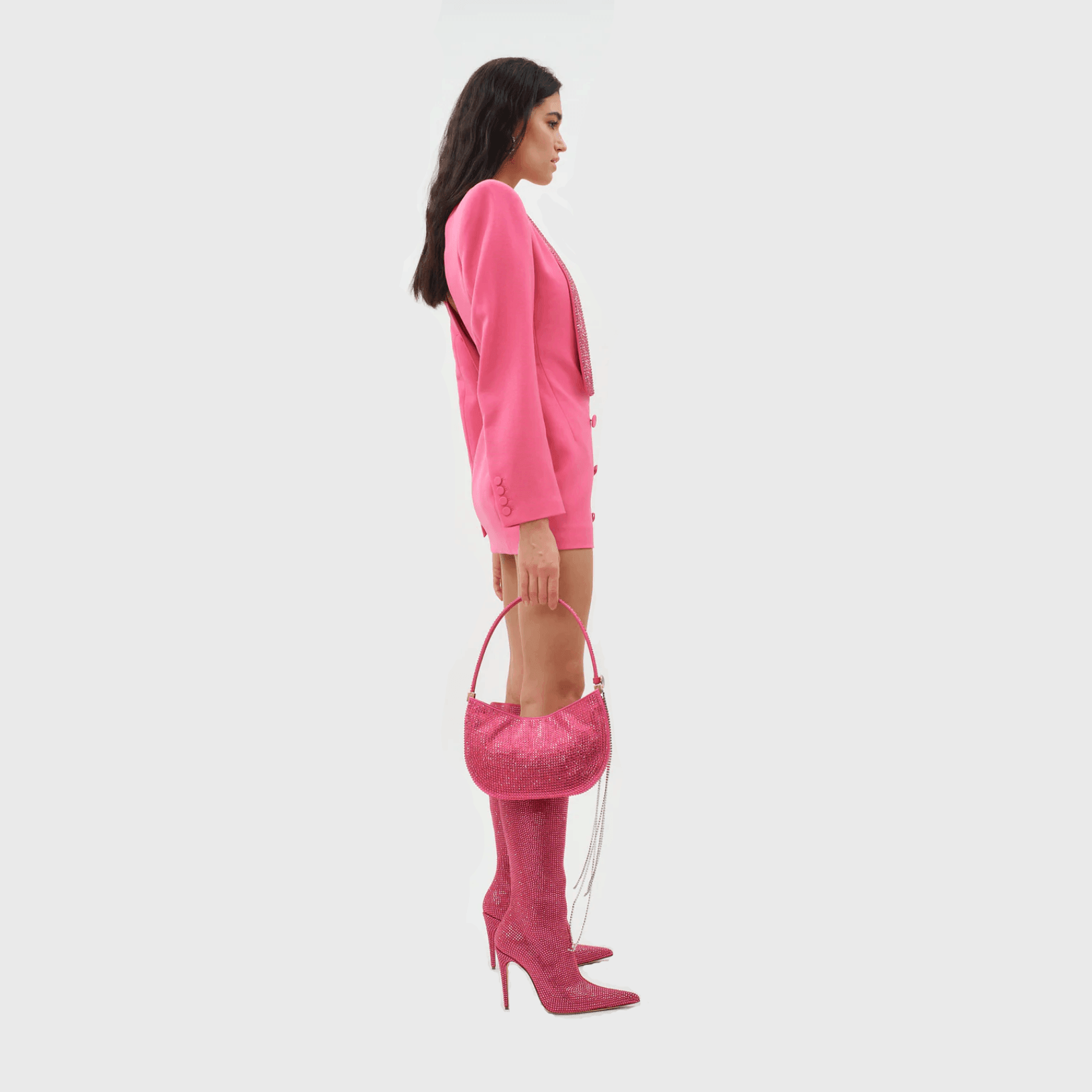 Pink blazer mini dress with rhinestone details and matching knee-high boots, chic evening outfit