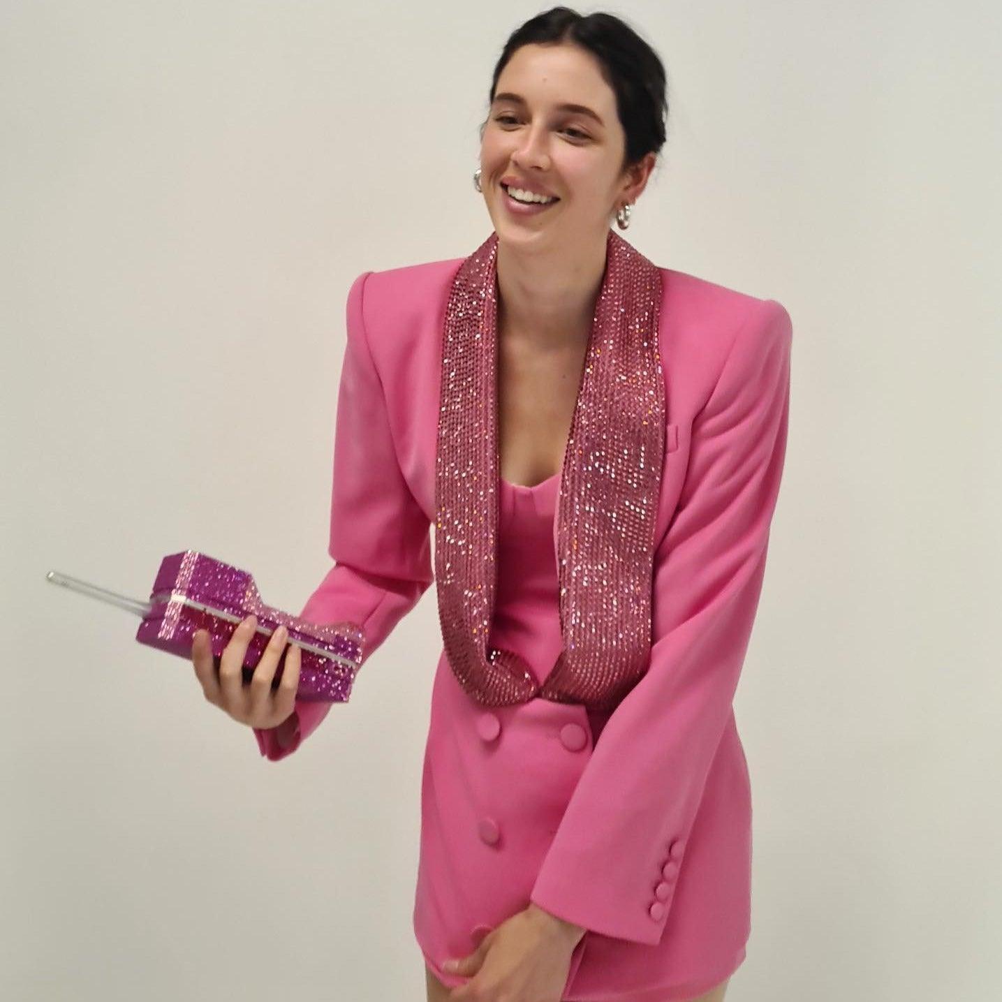 pink embellished blazer dress with sequined scarf, party style