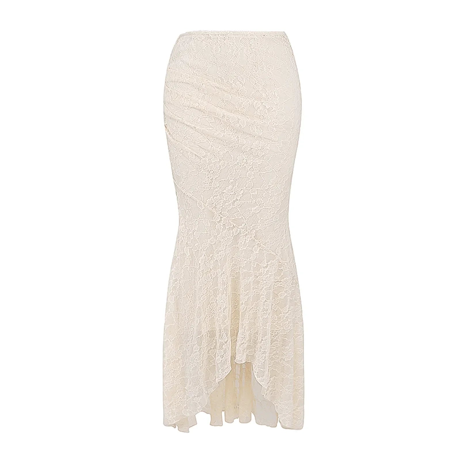 Lace high-low skirt with ruched detailing, elegant evening wear.