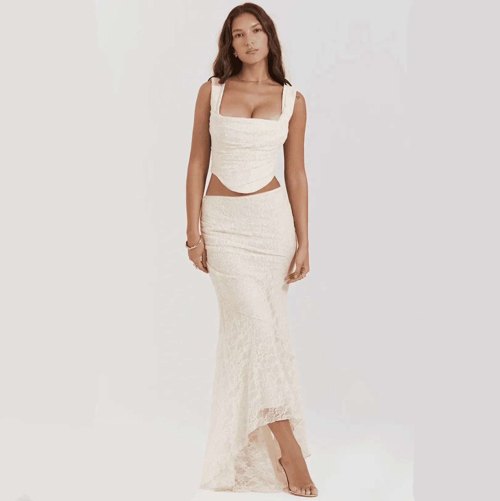 Lace co-ord with square-neck top and matching maxi skirt, elegant evening ensemble.