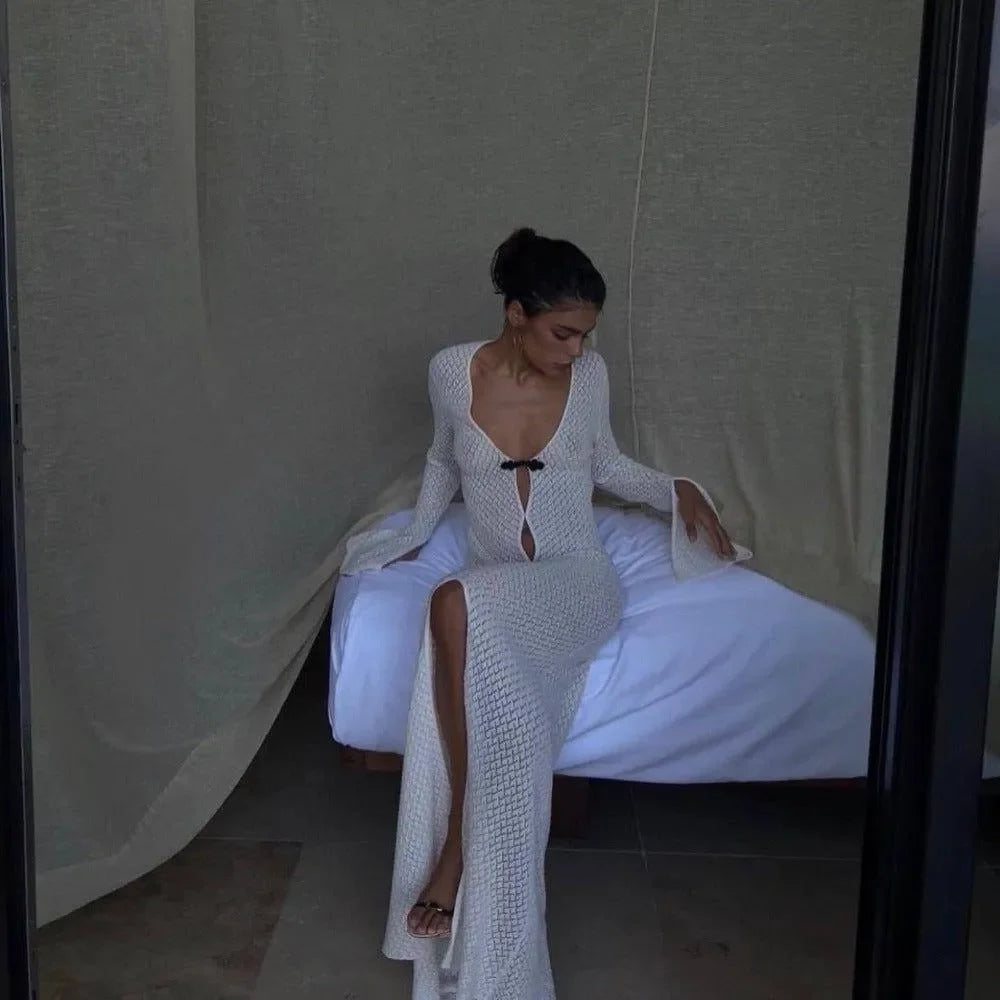Knitted maxi dress with deep neckline and side slit, elegant evening wear