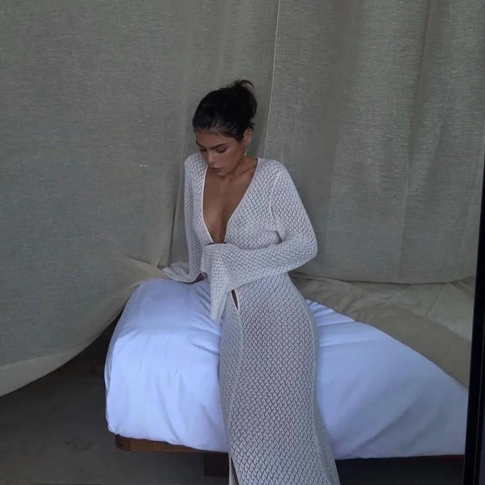 knit maxi dress with deep V-neck, chic evening look
