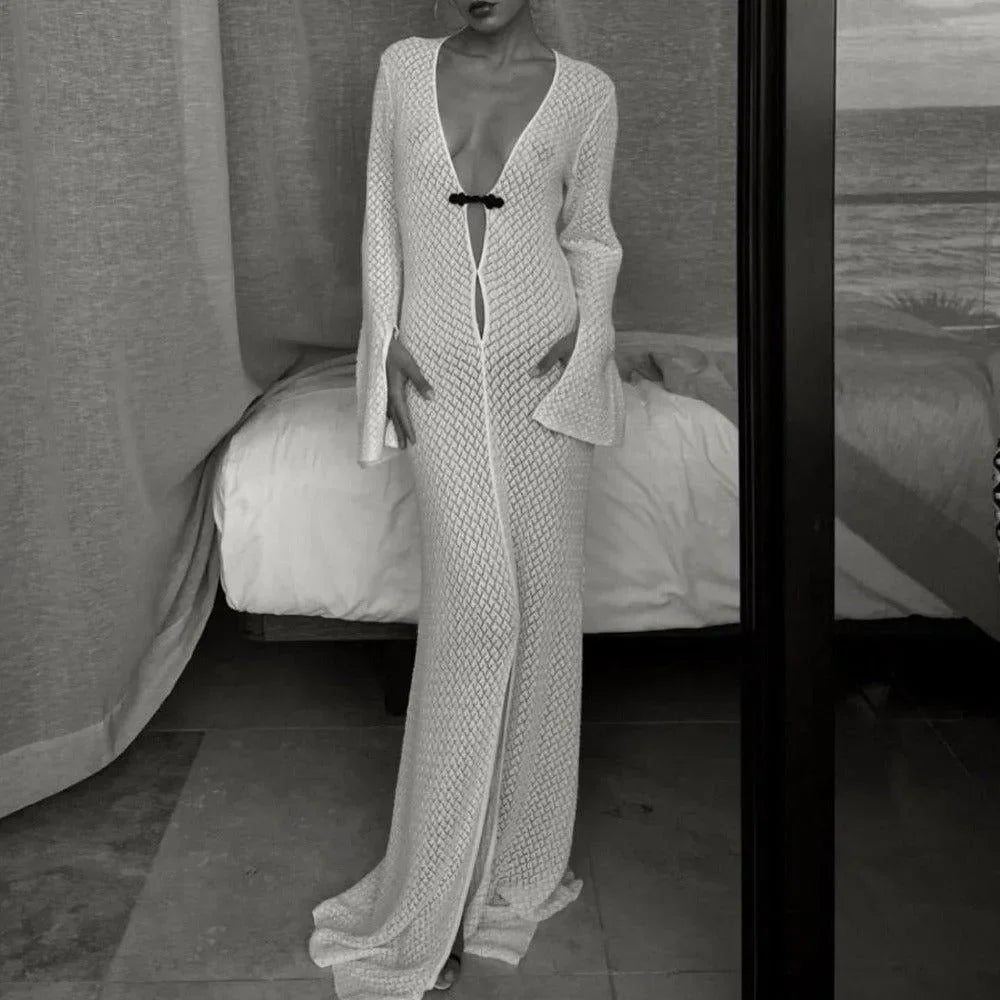 Knitted maxi dress with plunging neckline and tie detail, elegant evening wear