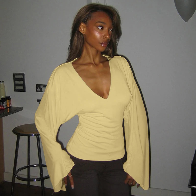 Flirty Season Long Sleeve V-neck Top - Yellow / S - Mermaid Way