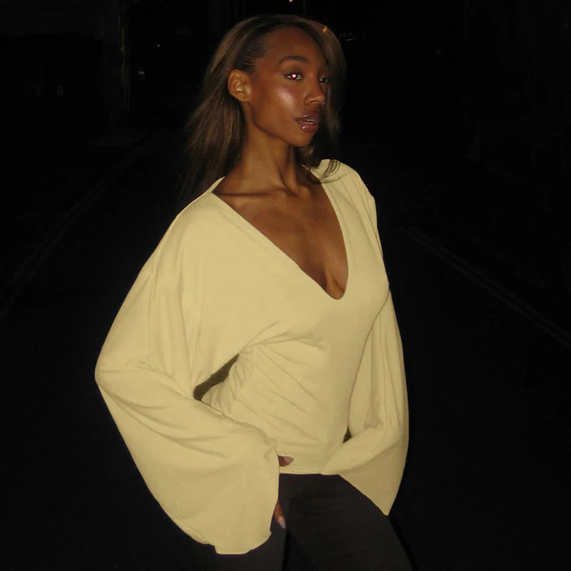 Flirty Season Long Sleeve V-neck Top - Yellow / S - Mermaid Way