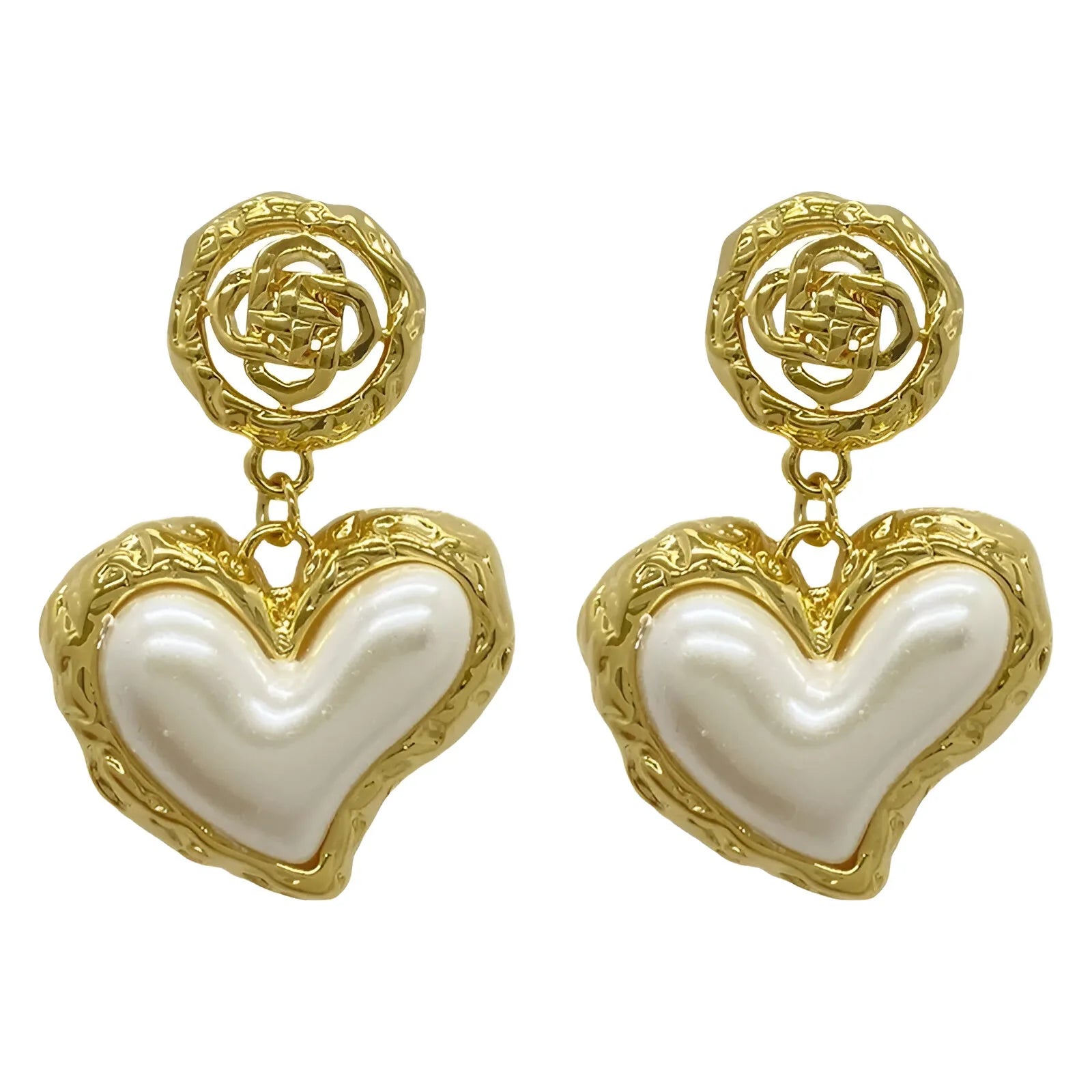 Gold-tone heart-shaped earrings with pearl center, elegant accessory.