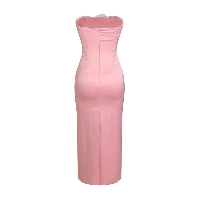 Pink strapless satin bodycon evening dress.