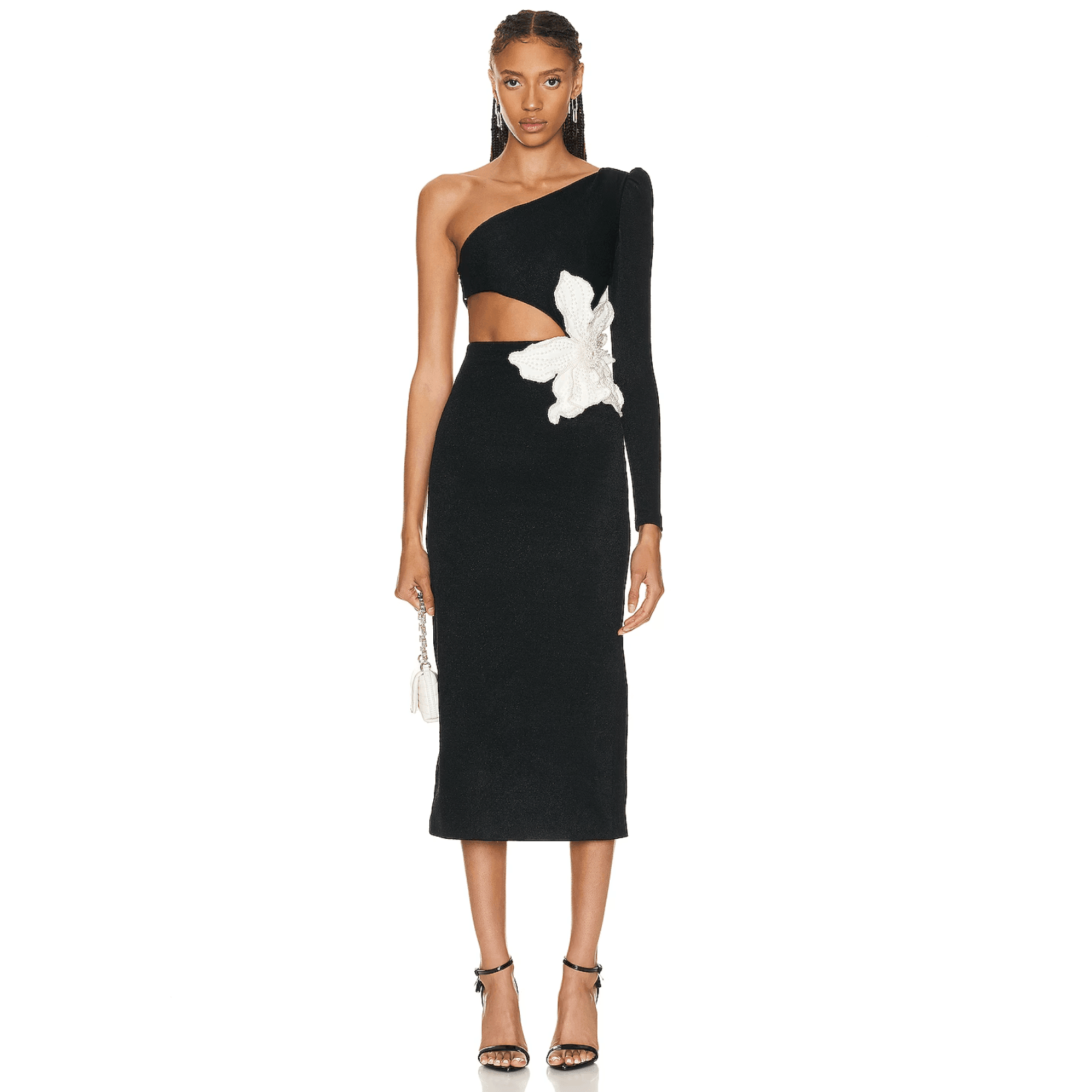 One-shoulder cutout midi dress with floral detail, elegant evening wear