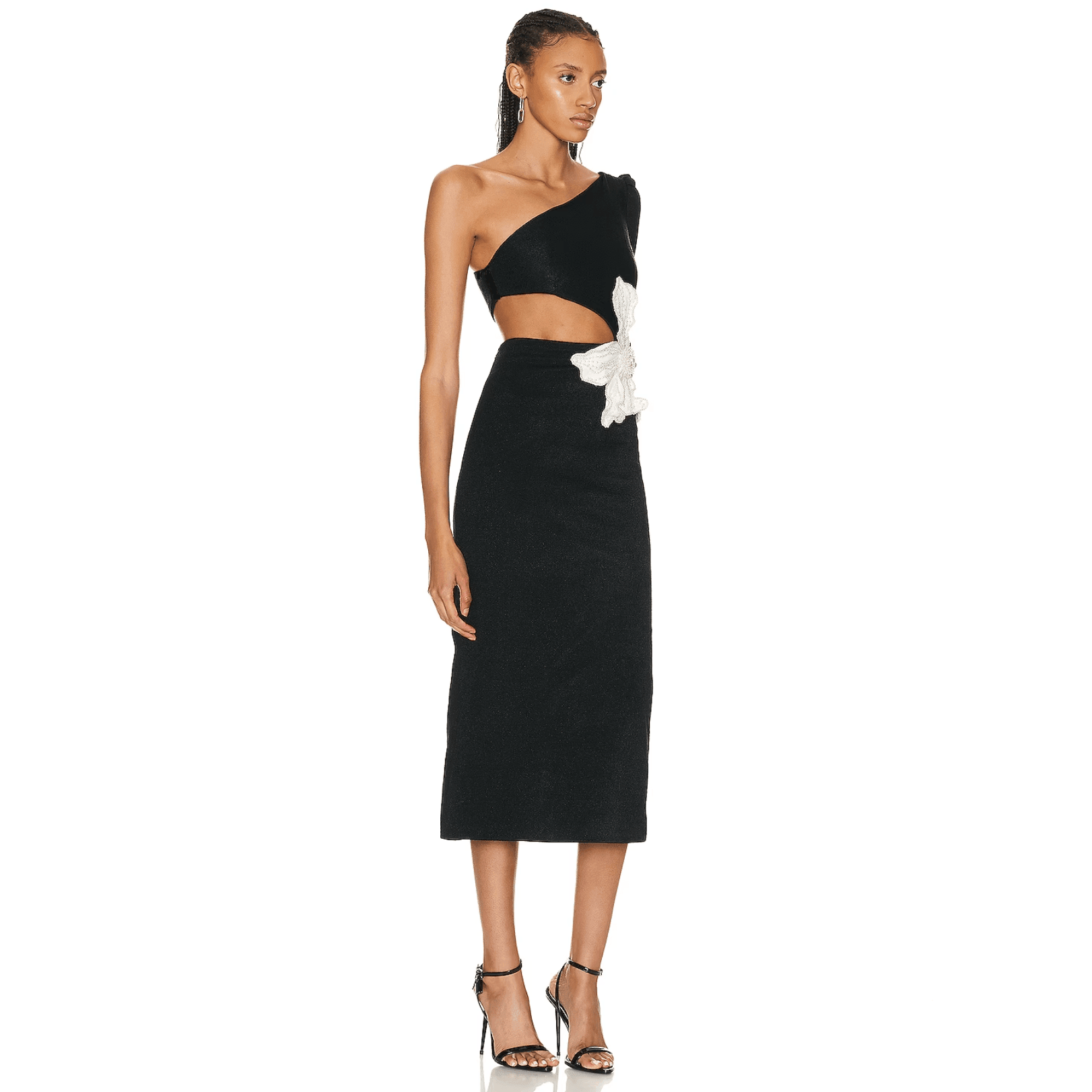 One-shoulder black midi dress with cut-out and floral detailing, evening look