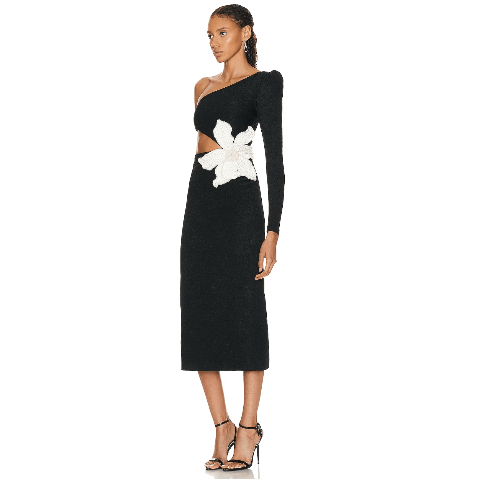 One-shoulder midi dress with floral applique and cut-out detail, elegant evening attire